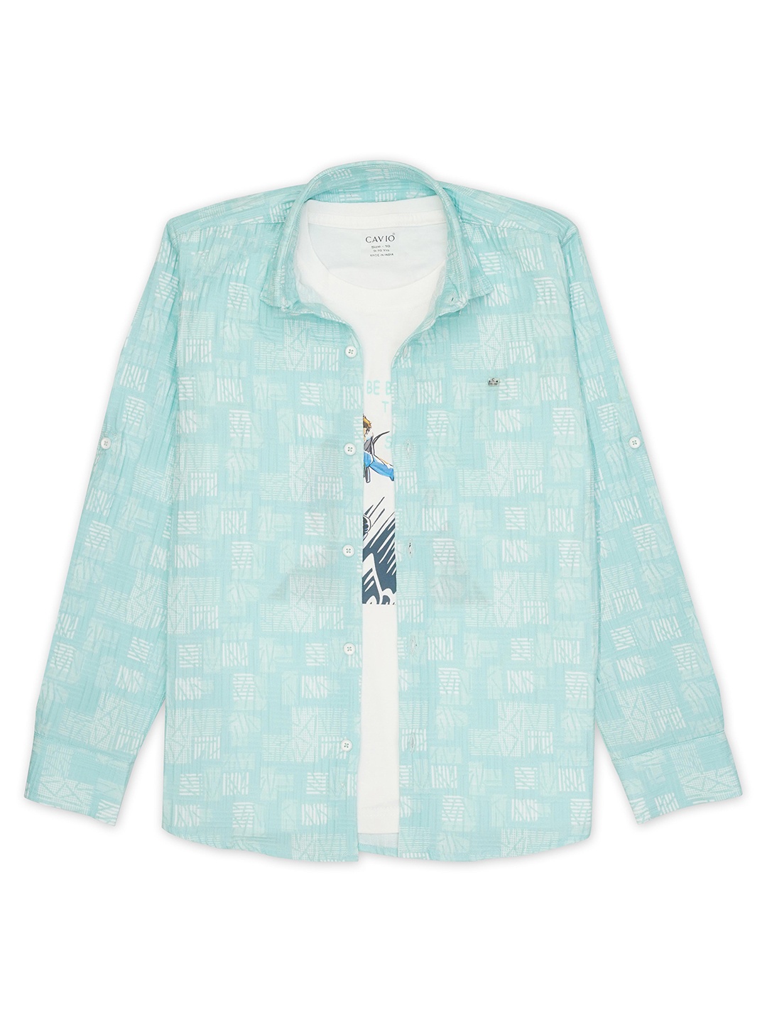 CAVIO Boys Spread Collar Long Sleeves Abstract Casual Cotton Shirt & T-Shirt, Blue