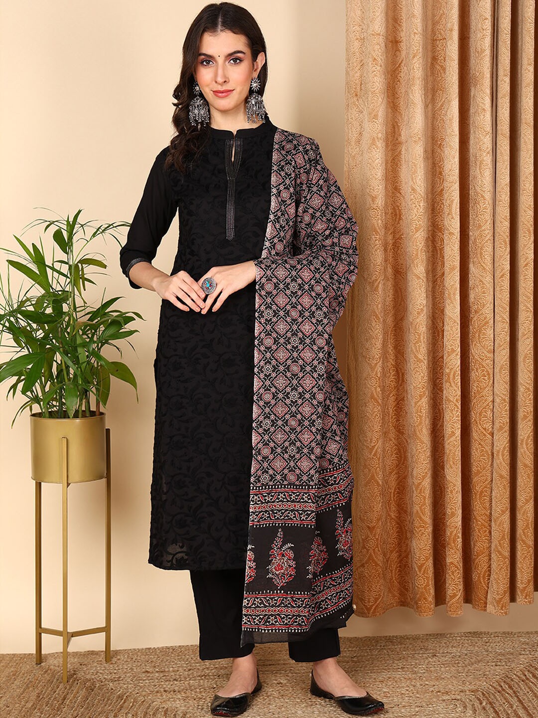KALINI Ethnic Motifs Embroidered Regular Pure Cotton Kurta with Trousers & Dupatta, Black