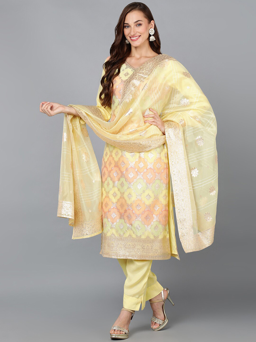 

KALINI Woven Design Regular Straight Kurta with Trousers & With Dupatta, Cream
