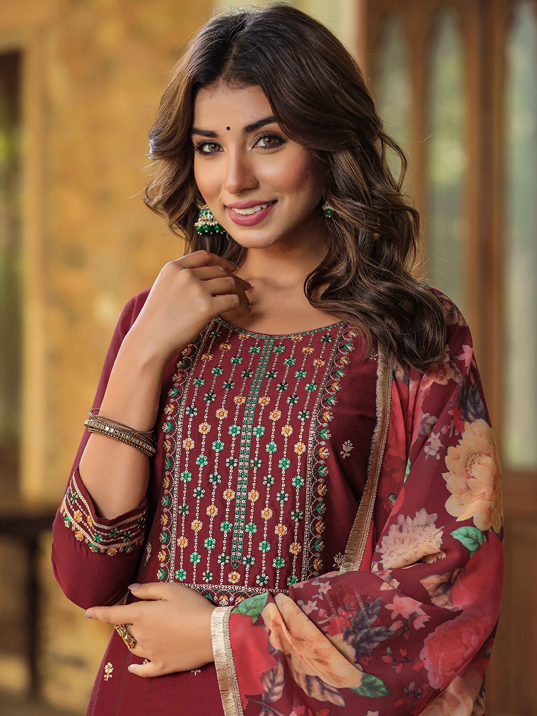 KALINI Floral Yoke Design Thread Work Kurta With Trousers & Dupatta, Maroon