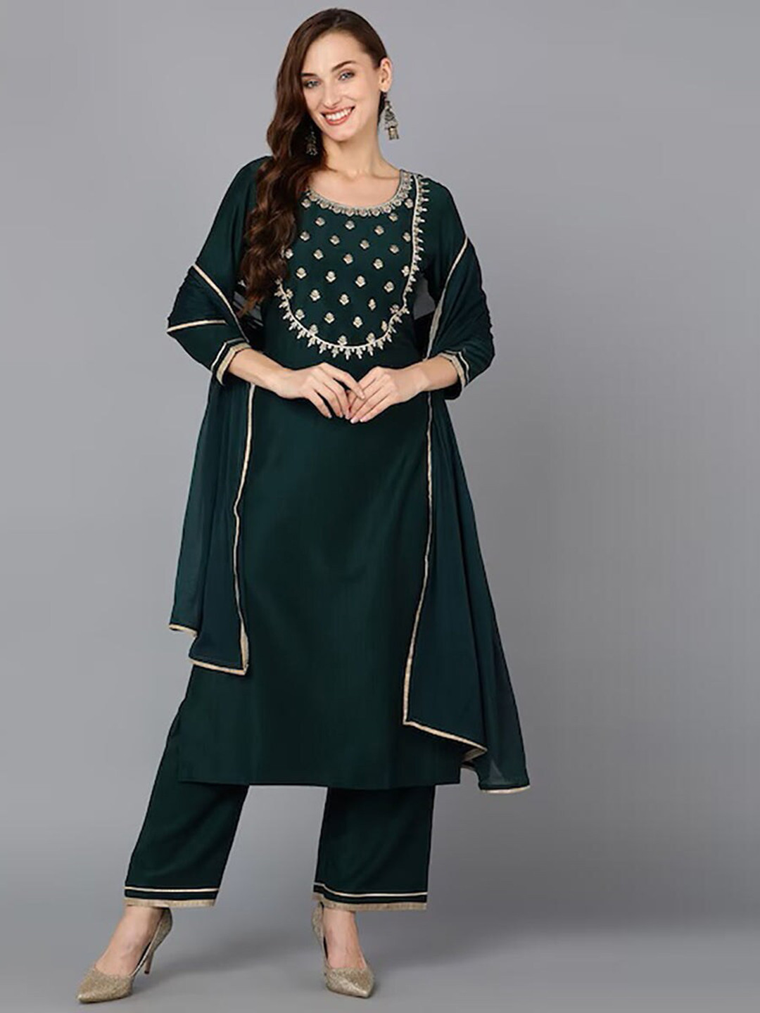 

KALINI Floral Yoke Design Regular Thread Work Straight Kurta with Palazzos & Dupatta, Green