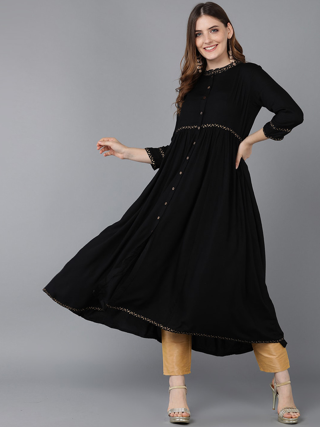 

KALINI Mandarin Collar Empire Anarkali Kurta, Black