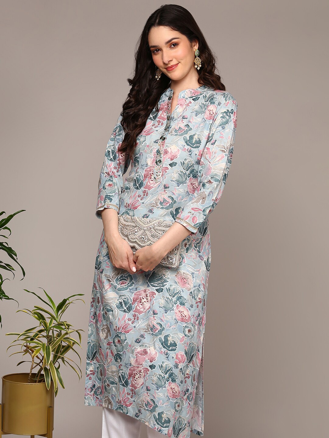 

KALINI Floral Printed Mandarin Collar Beads and Stones Straight Kurta, Blue