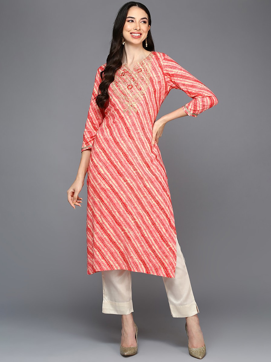 

KALINI Striped Embroidered Keyhole Neck A-Line Flared Kurta, Peach