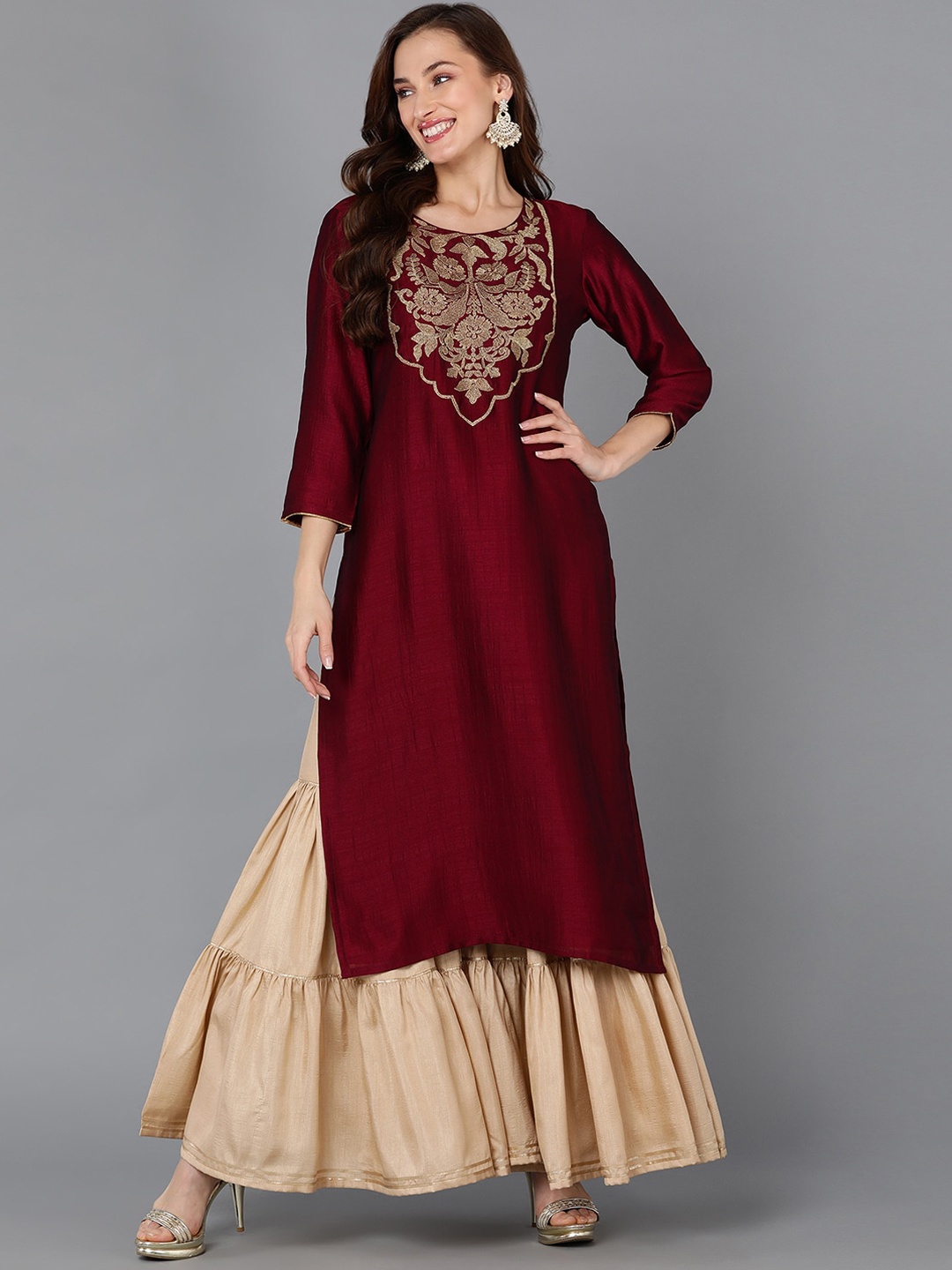 

KALINI Ethnic Motifs Embroidered Kurta, Maroon