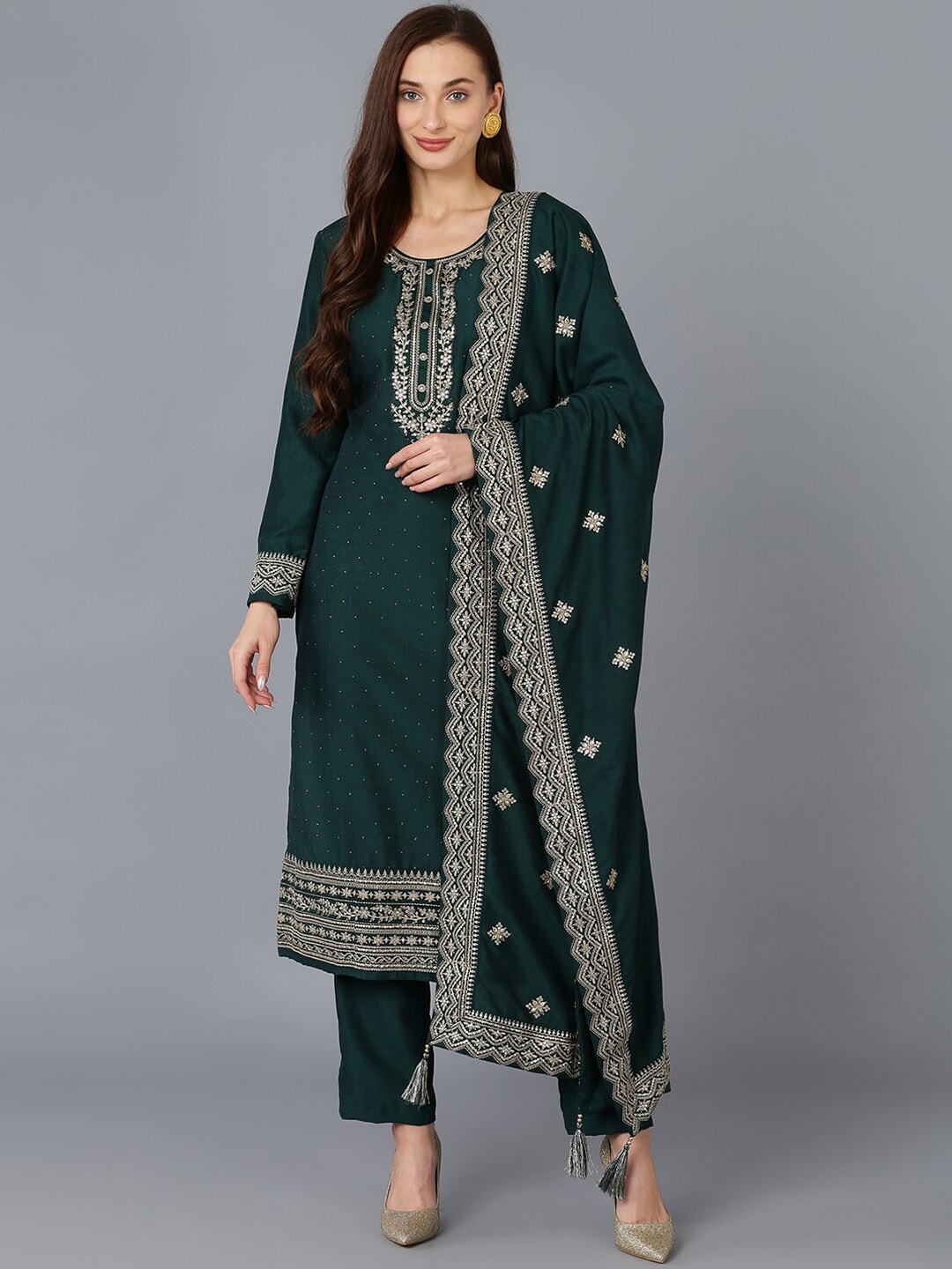 

KALINI Floral Embroidered Regular Sequinned Straight Kurta with Trousers & Dupatta, Green