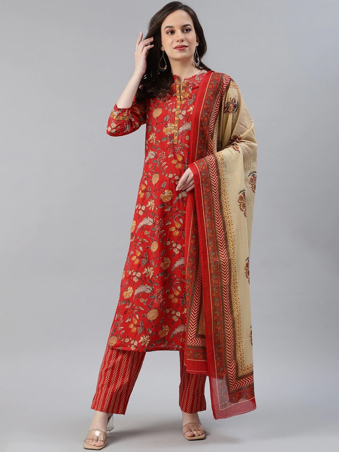 

KALINI Floral Printed Sequinned Pure Cotton Kurta With Trousers & Dupatta, Red