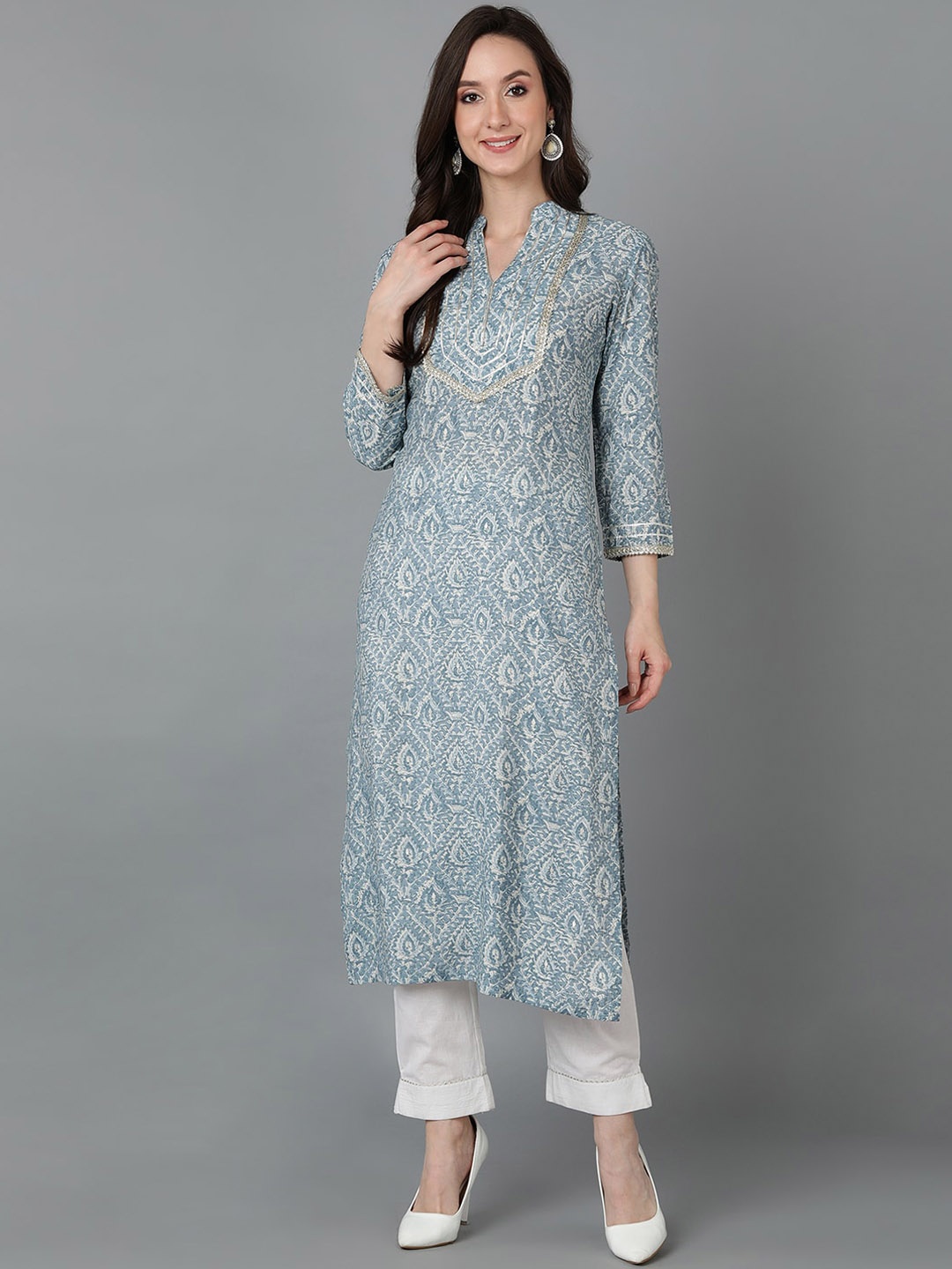 

KALINI Ethnic Motifs Mandarin Collar Thread Work Kurta, Grey