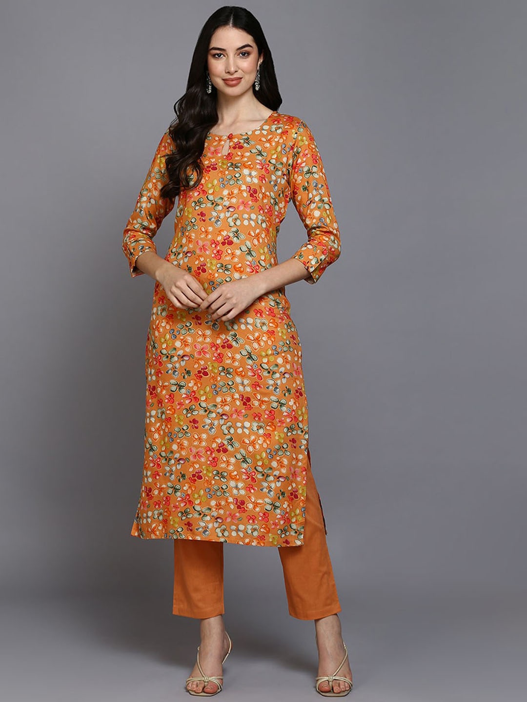 KALINI Floral Printed Key Hole Neck Kurta, Orange