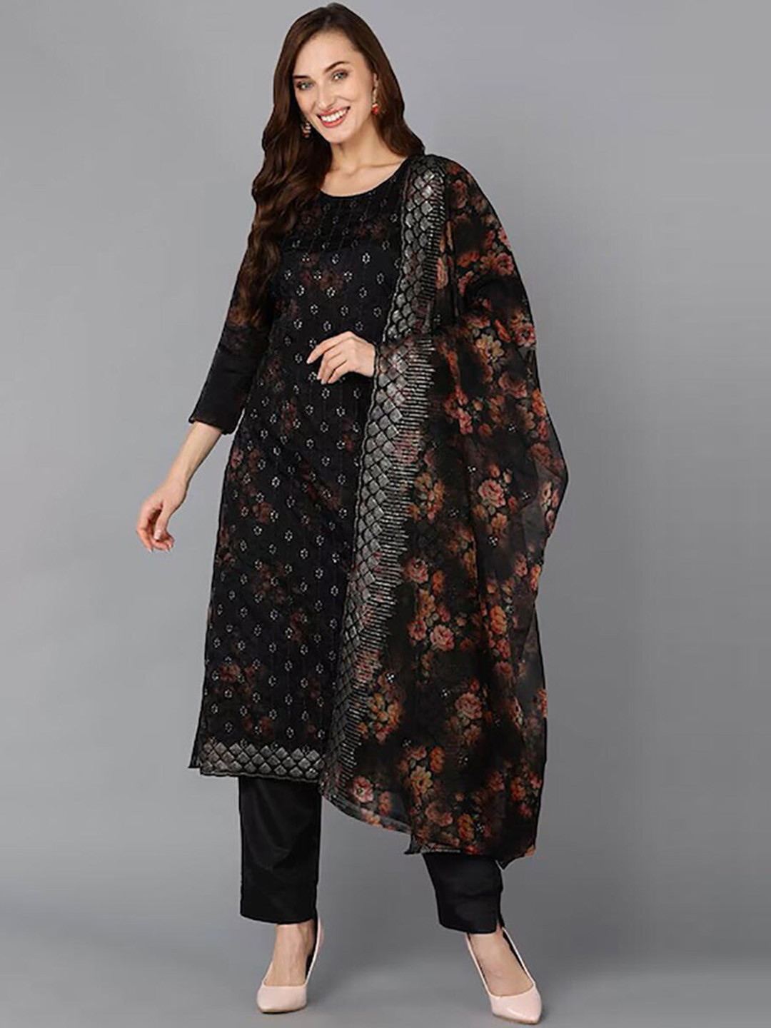 

KALINI Floral Sequinned Embroidered Straight Kurta With Trousers & Dupatta, Black