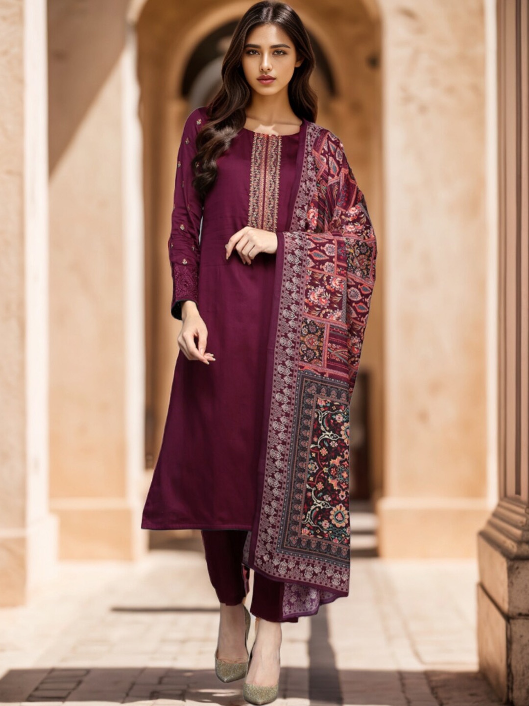 

KALINI Floral Embroidered Regular Thread Work Pure Cotton Kurta with Trousers & Dupatta, Maroon