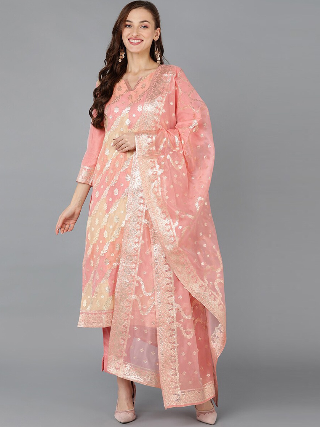 

KALINI Floral Regular Notched Neck Zari Straight Kurta with Trousers & Dupatta, Pink