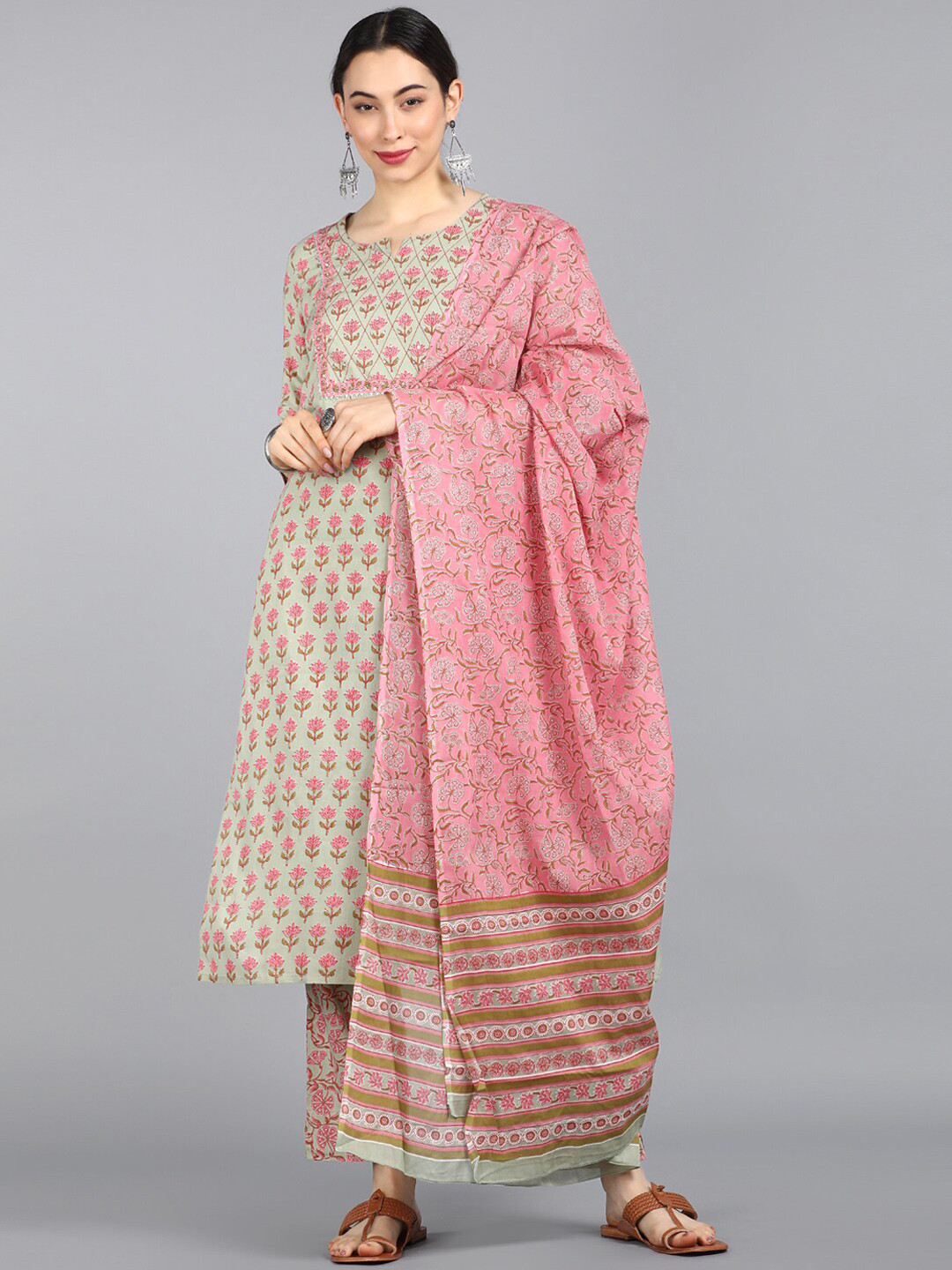 

KALINI Floral Printed Regular Gotta Patti Pure Cotton Kurta With Trousers & Dupatta, Green