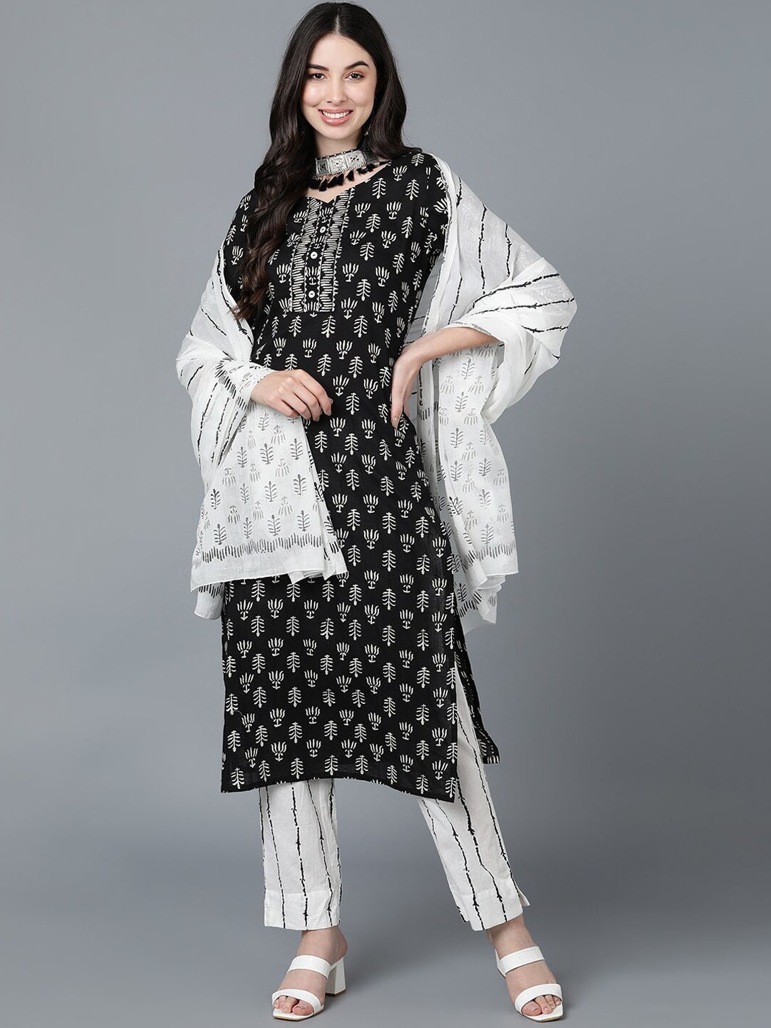 

KALINI Floral Printed Regular Pure Cotton Kurta with Trousers & Dupatta, Black