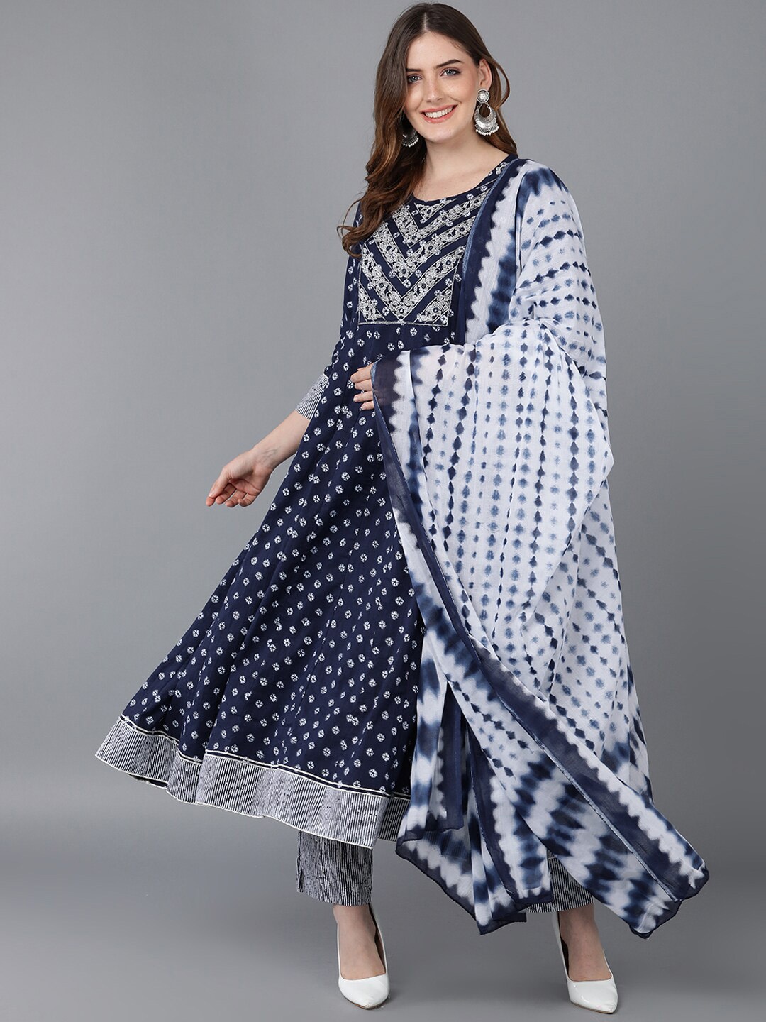 

KALINI Printed Empire Pure Cotton Kurta with Trousers & With Dupatta, Blue