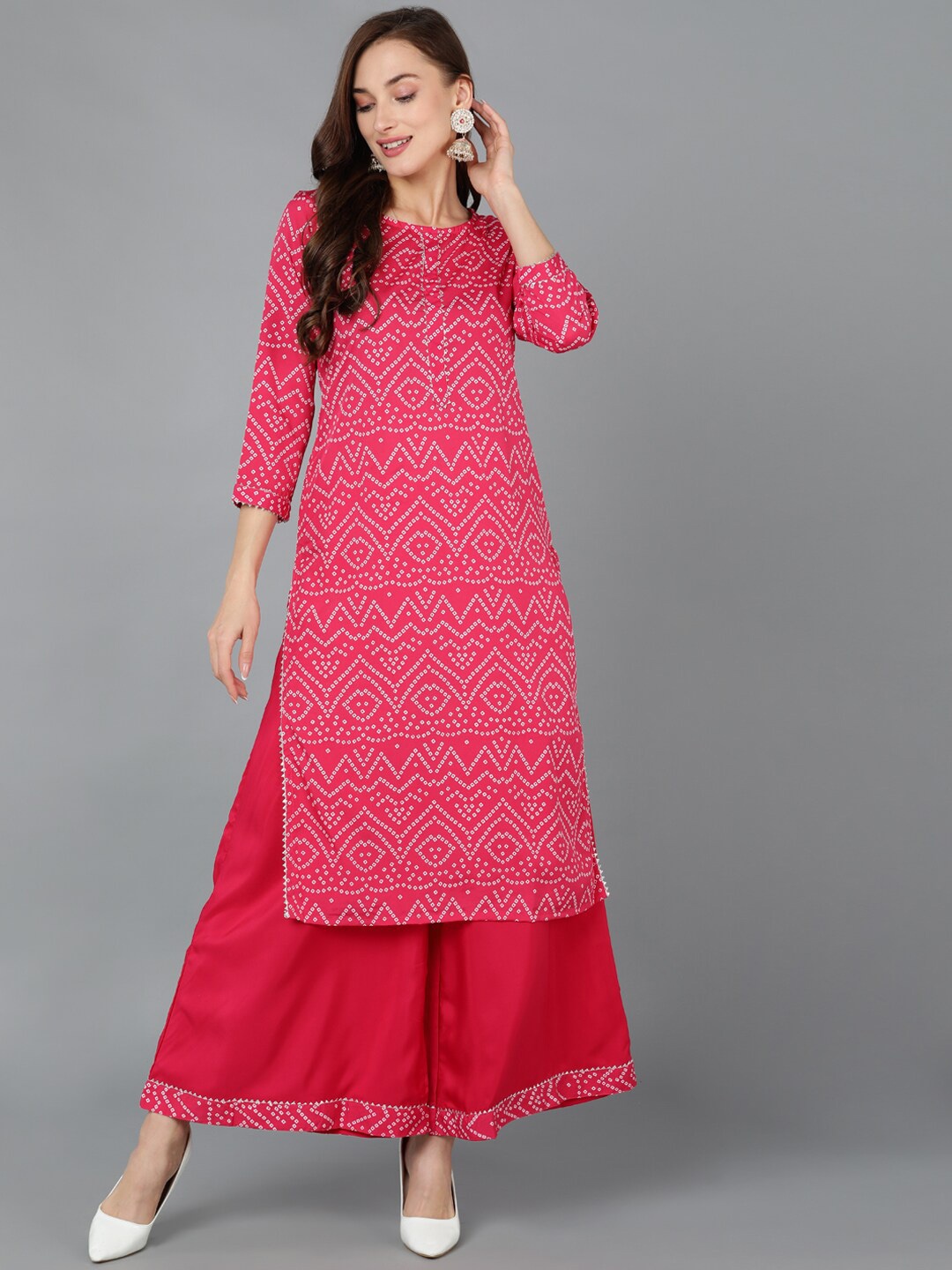 

KALINI Bandhani Printed Round Neck Gotta Patti Straight Kurta With Palazzo, Magenta