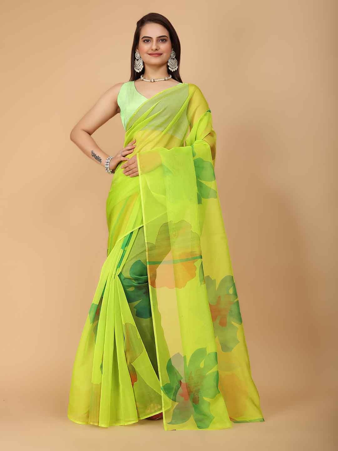

Celeb Styles Floral Printed Organza Saree, Lime green