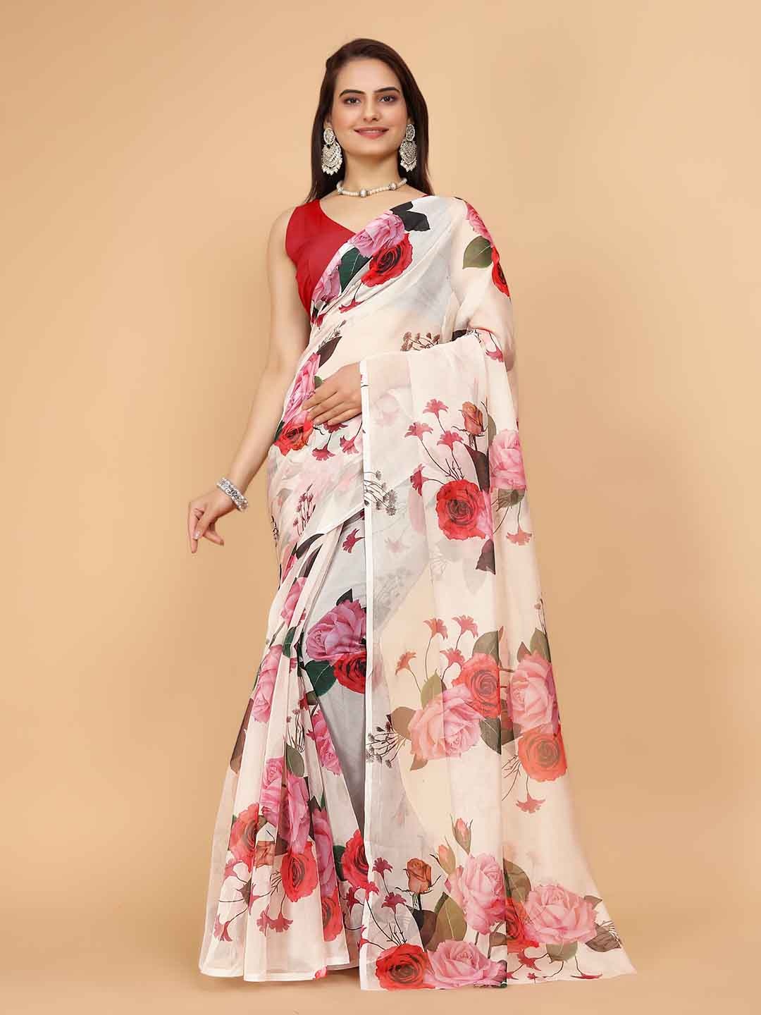 

Celeb Styles Floral Printed Organza Saree, Cream