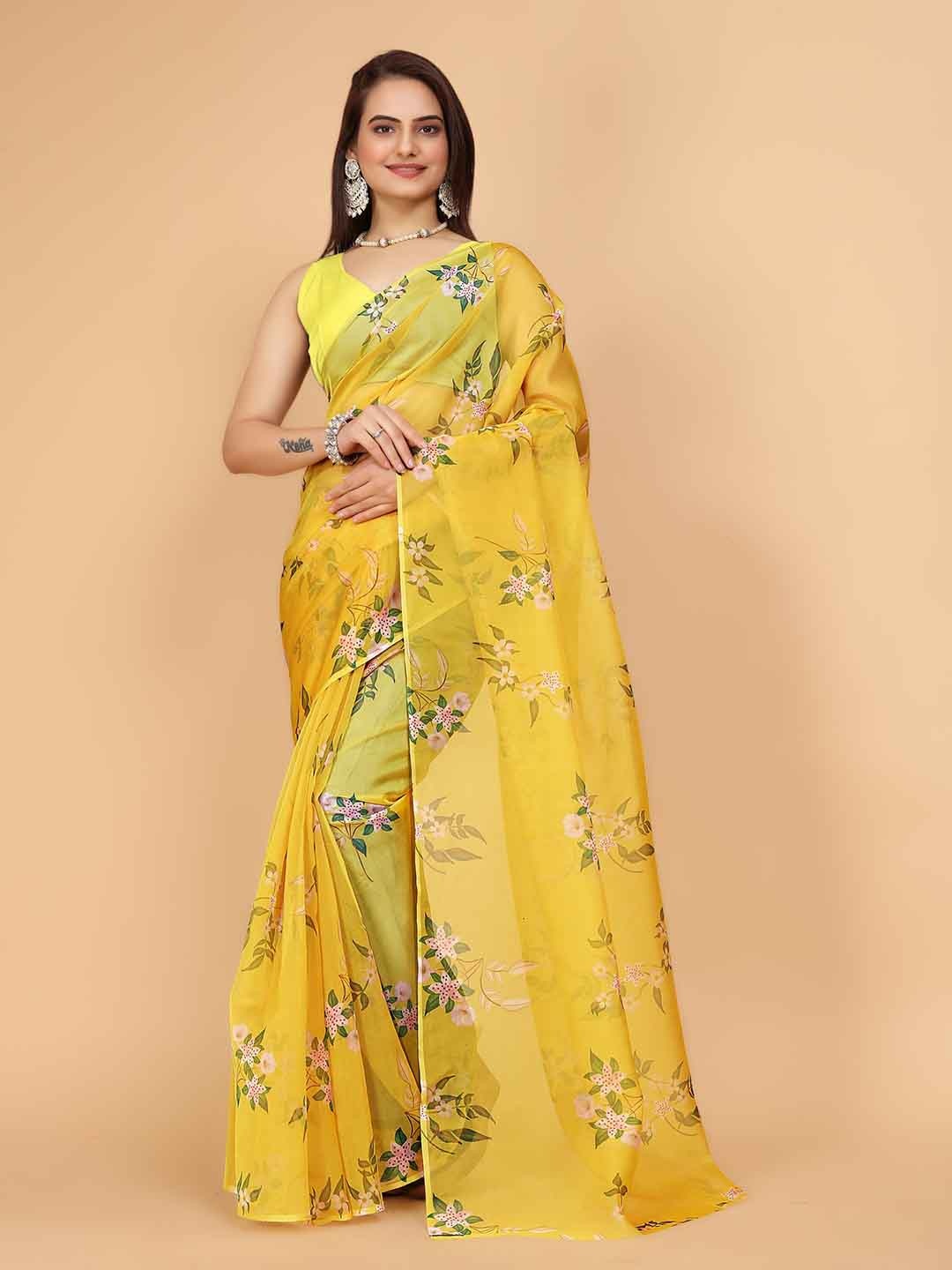 

Celeb Styles Floral Printed Organza Saree, Yellow