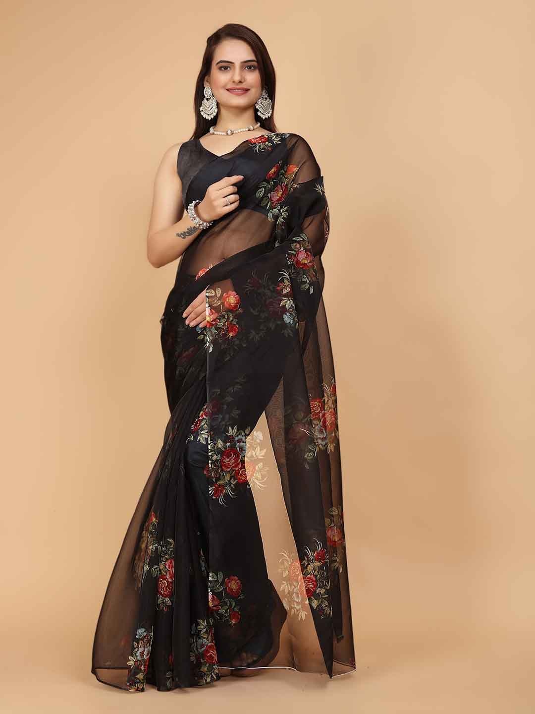 

Celeb Styles Floral Printed Organza Saree, Black