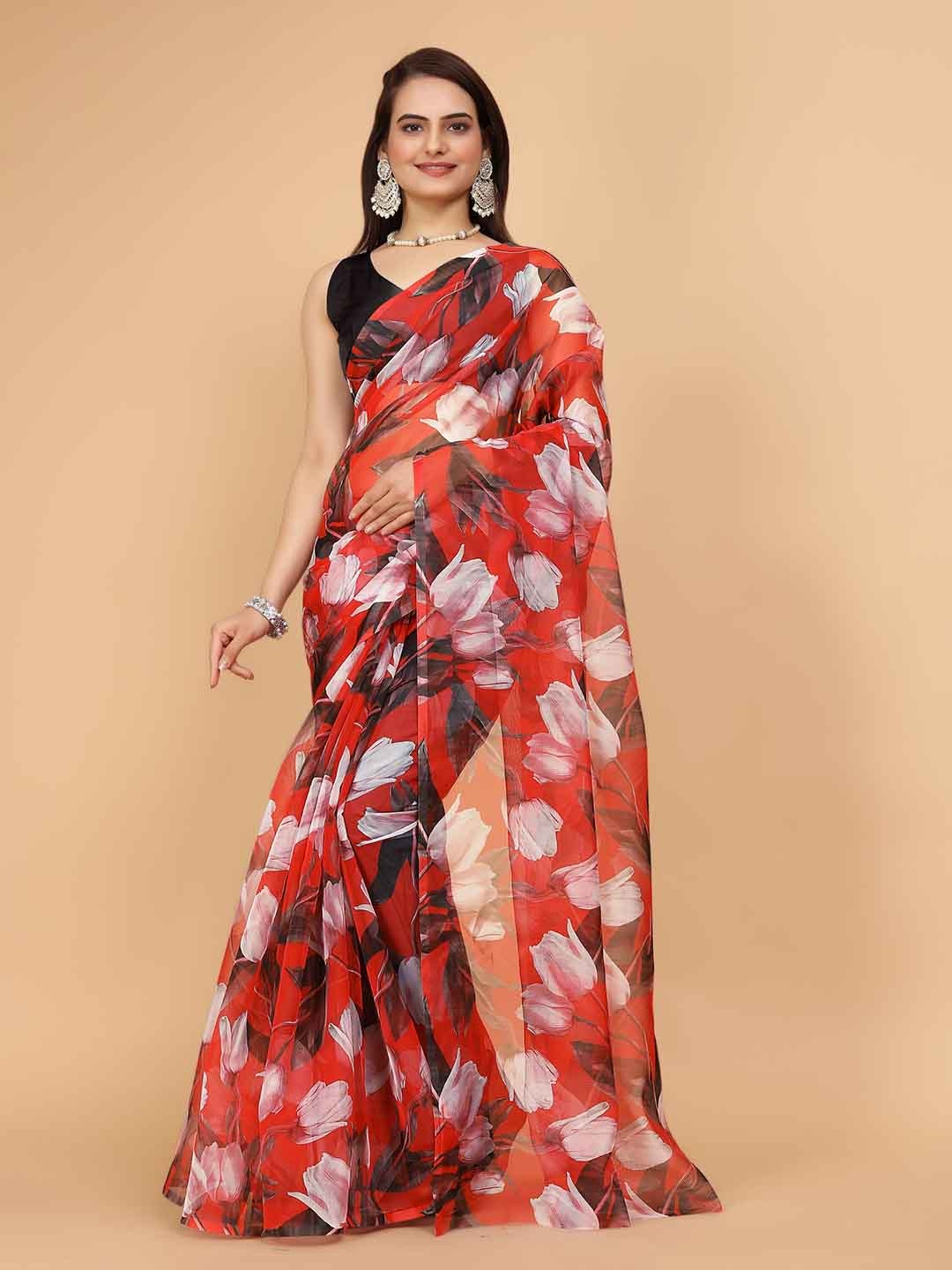 

Celeb Styles Floral Printed Organza Saree, Red