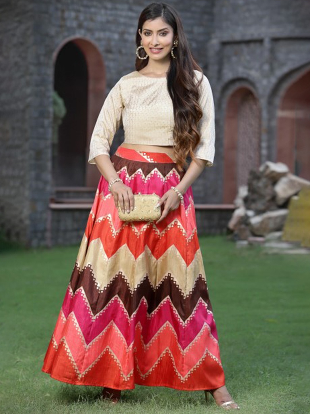 

Juniper Chevron Printed Foil Print Ready to Wear Lehenga Choli, Off white