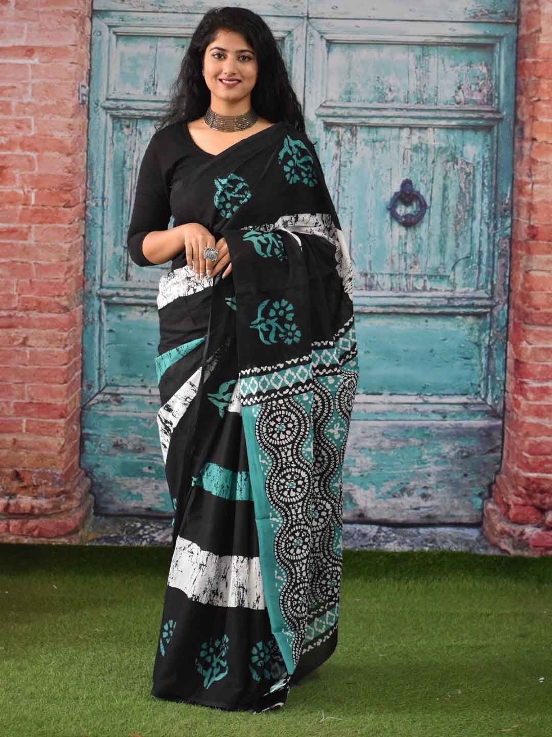 

clothonus Abstract Printed Pure Cotton Block Print Saree, Green