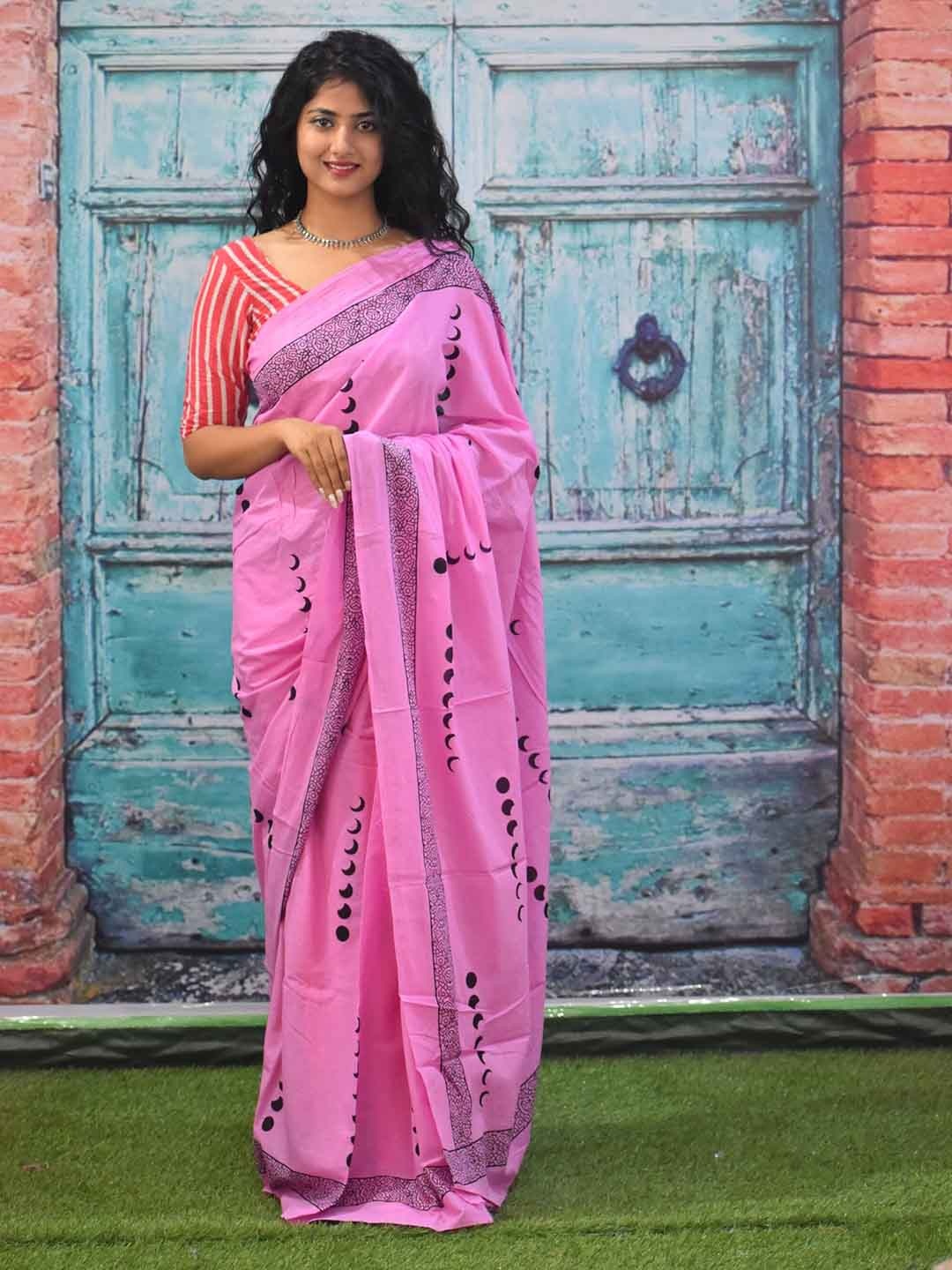 

clothonus Abstract Printed Pure Cotton Block Print Saree, Pink