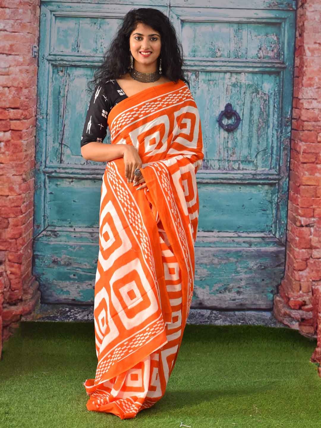 

clothonus Geometric Printed Pure Cotton Block Print Saree, Orange