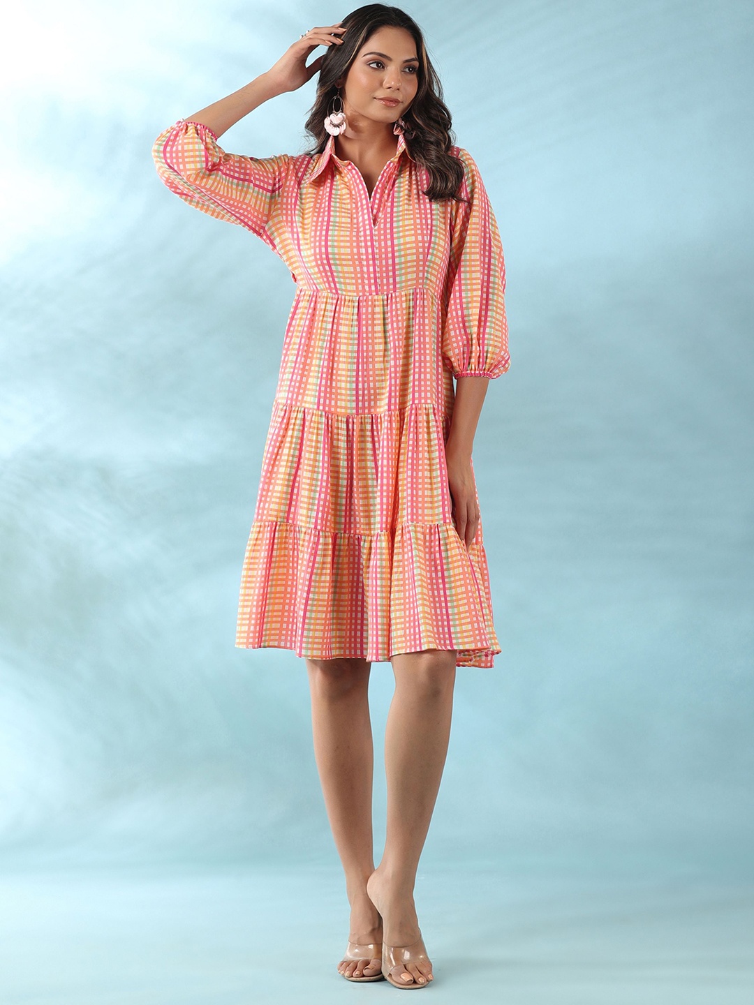 

GILLORI Geometric Printed Shirt Collar Puffed Sleeves Tiered A-Line Dress, Pink