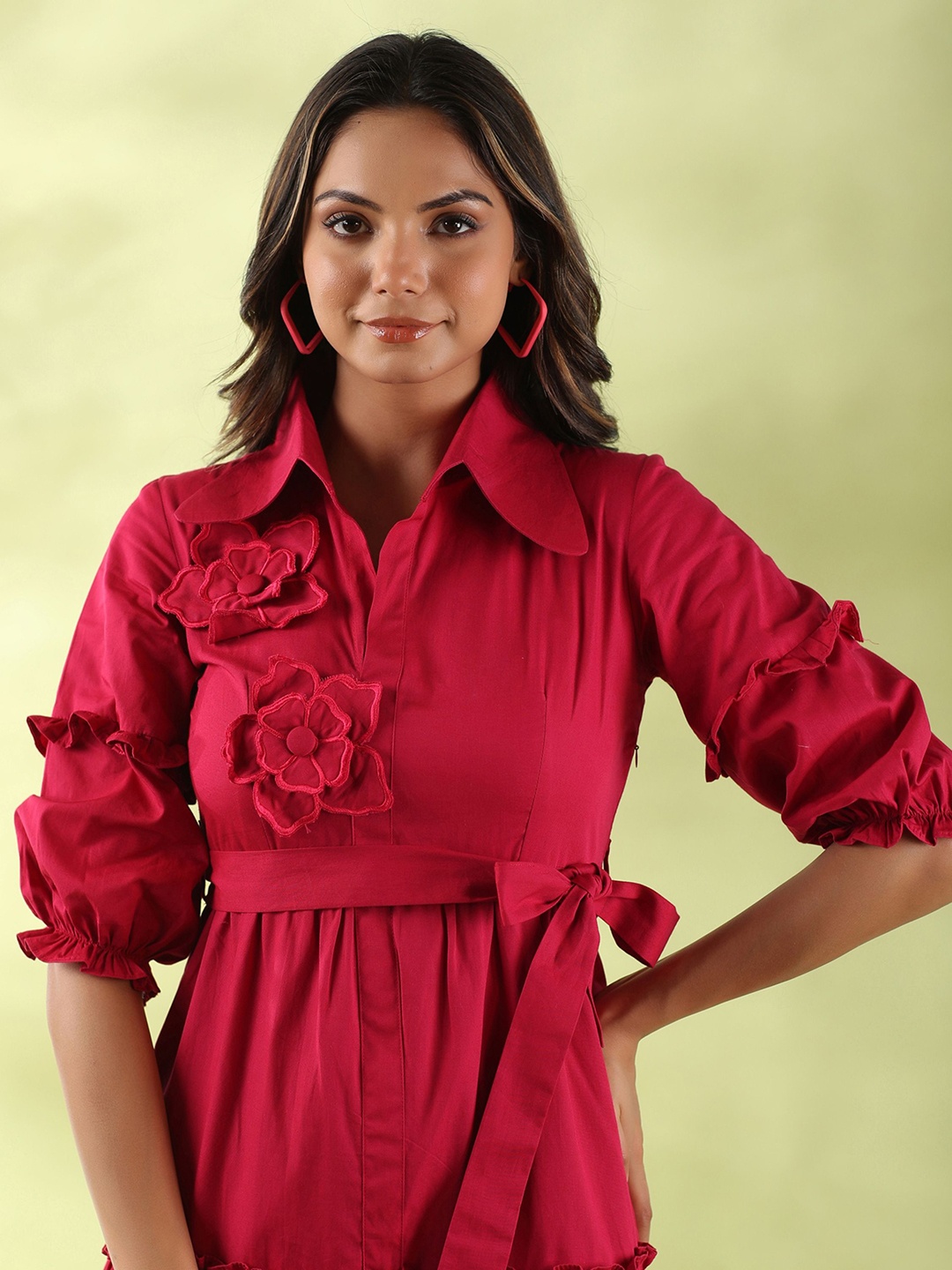 

GILLORI Shirt Collar Puff Sleeves Applique Tiered Cotton Fit & Flare Dress With Belt, Red