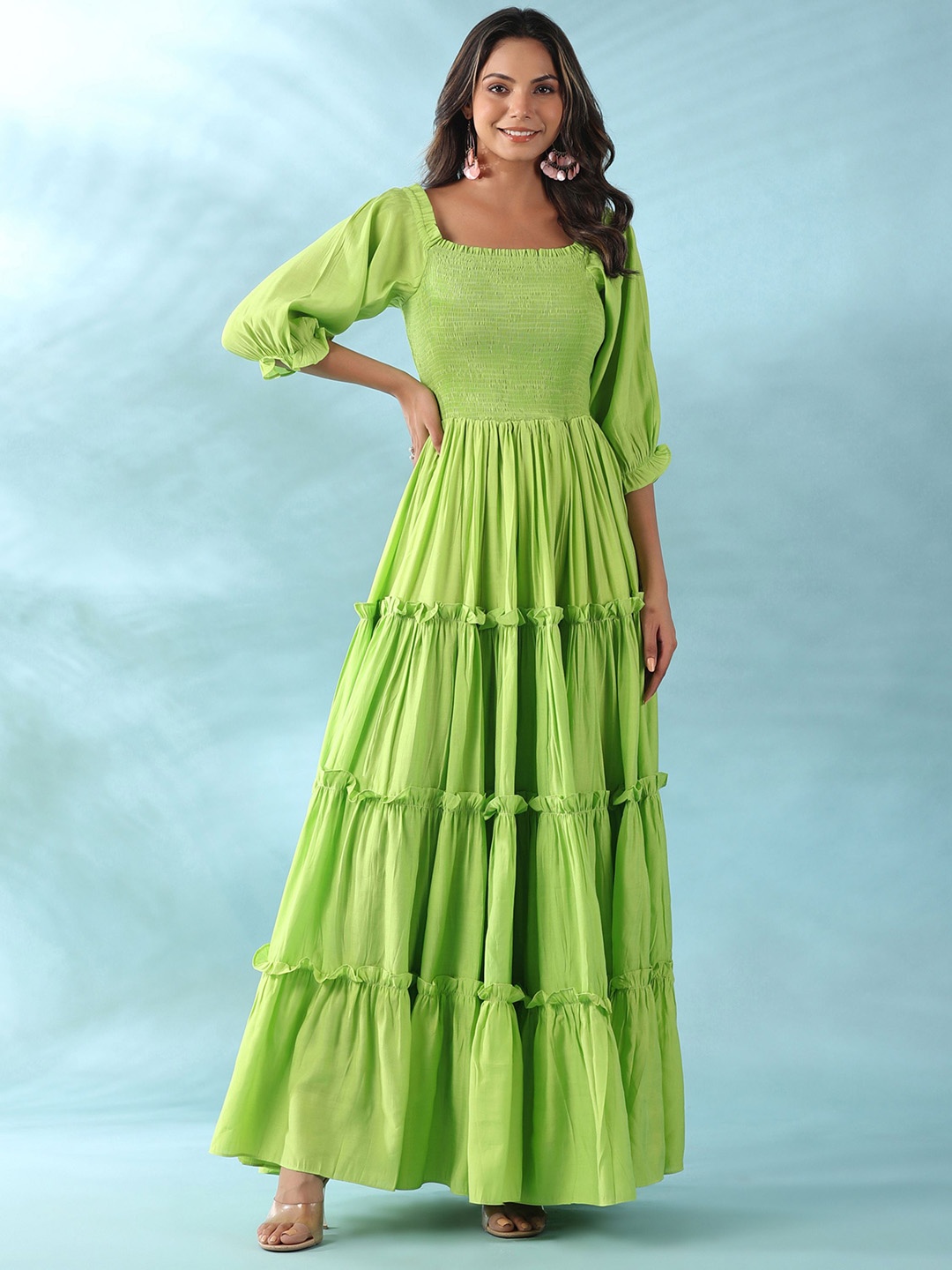 

GILLORI Square Neck Puff Sleeves Smocked Tiered Maxi Dress, Green