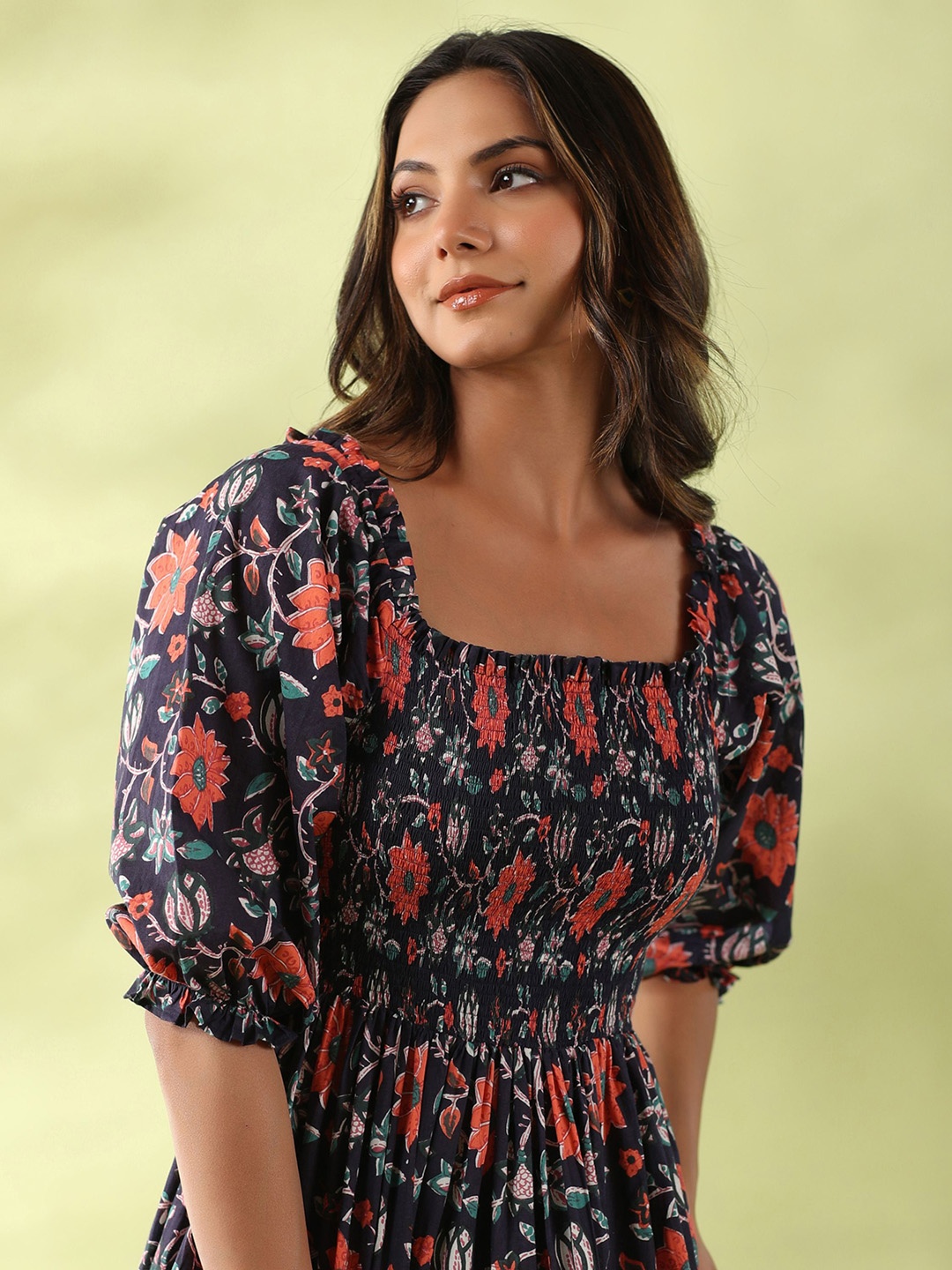 

GILLORI Floral Print Cotton A-Line Dress, Blue