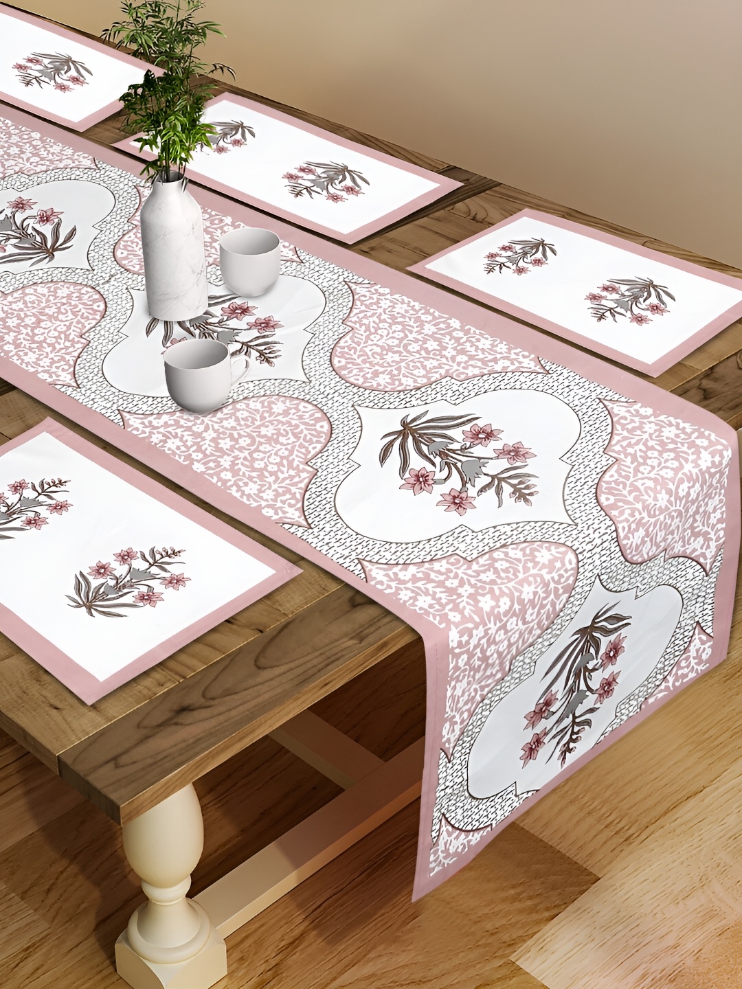 

Rajasthan Decor White & Pink 7 Pieces Floral Printed Cotton Table Placemats With Runner