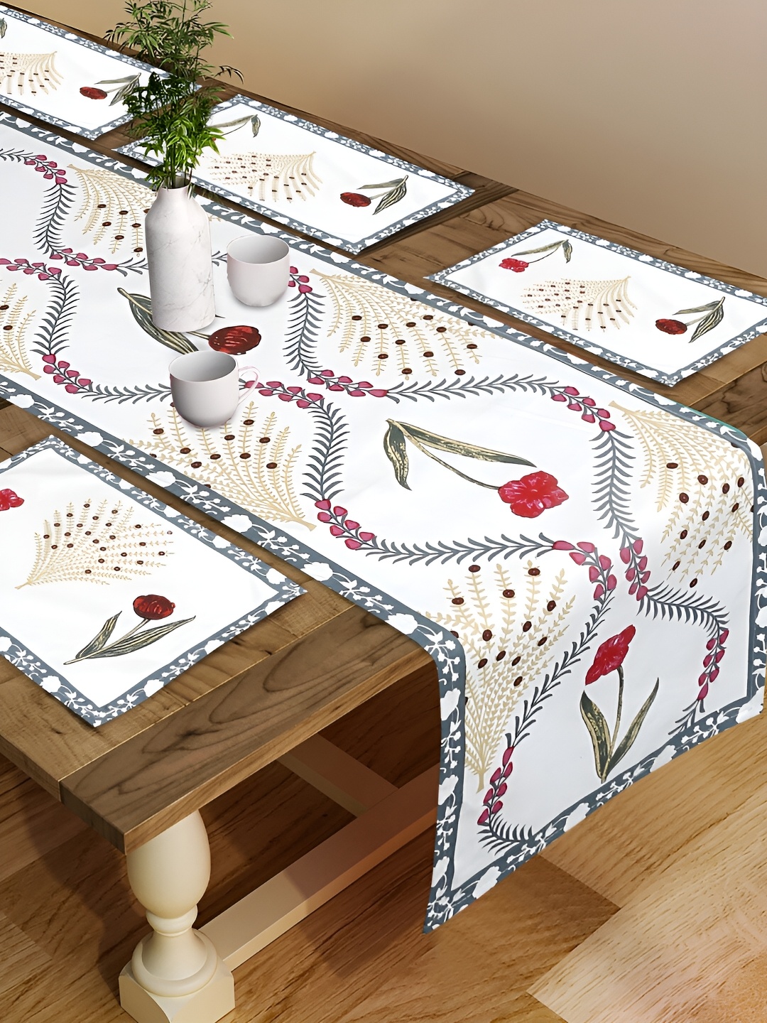 

Rajasthan Decor White & Blue 7 Pieces Floral Printed Table Placemats With Runner