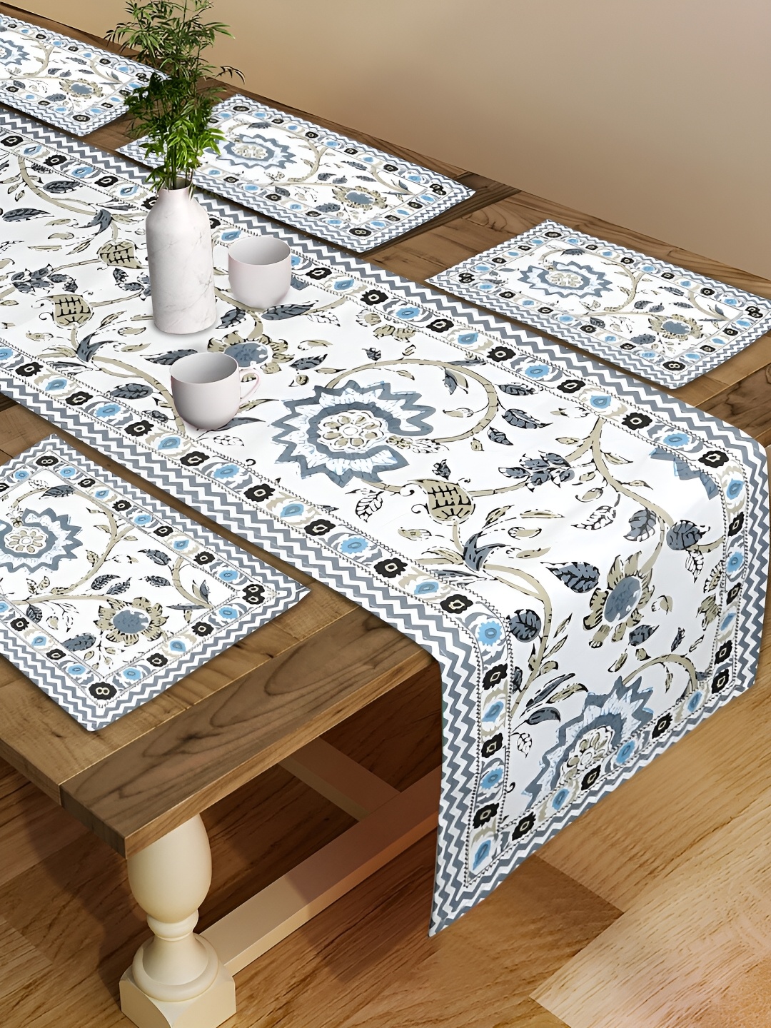 

Rajasthan Decor 7 Pieces White & Blue Floral Printed Cotton Table Placemats With Runner