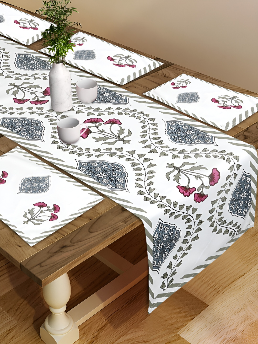 

Rajasthan Decor White & Green 7 Pieces Floral Printed Cotton Table Placemats With Runner