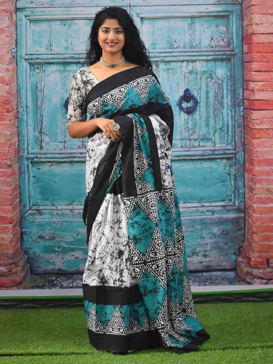 

TROPWEAR Abstract Mulmul Cotton Block Print Saree, Turquoise blue