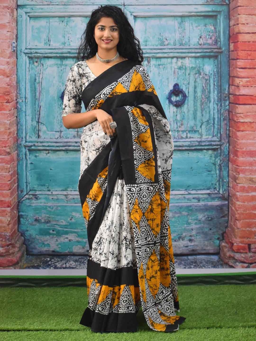 

TROPWEAR Abstract Mulmul Cotton Block Print Saree, Yellow