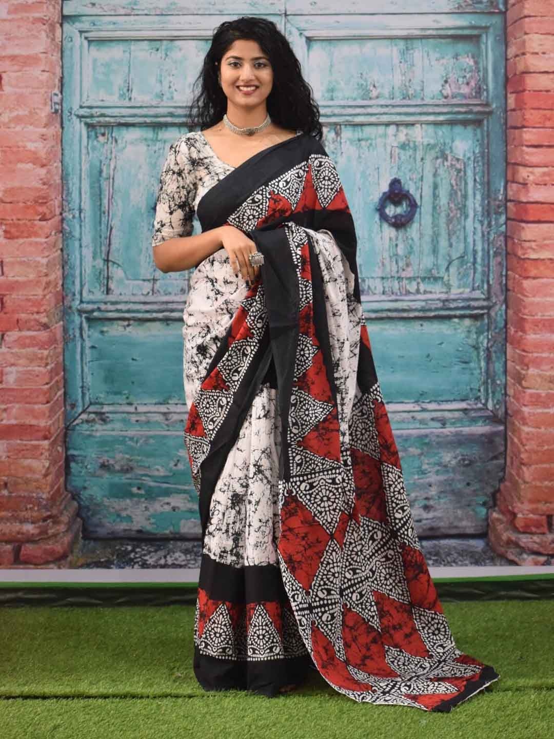 

TROPWEAR Abstract Mulmul Cotton Block Print Saree, Red