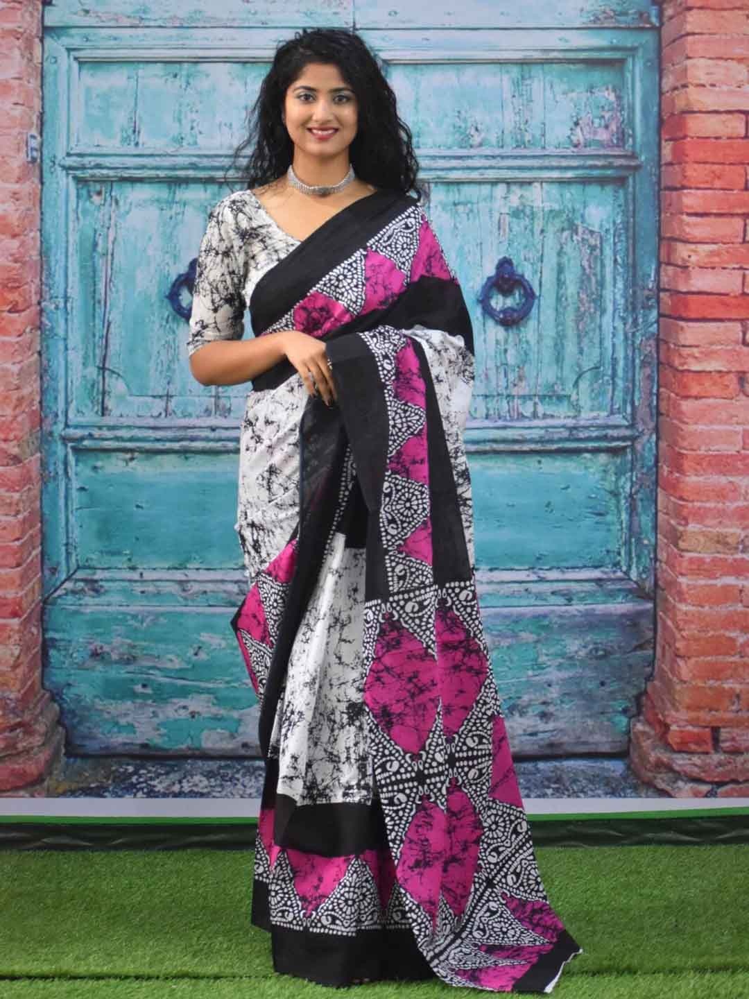

TROPWEAR Abstract Mulmul Cotton Block Print Saree, Pink