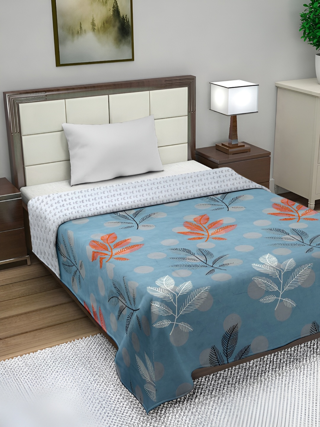 

FABINALIV Floral Reversible Mild Winter 350 GSM Micro Fiber Filling Single Bed Comforter, Blue