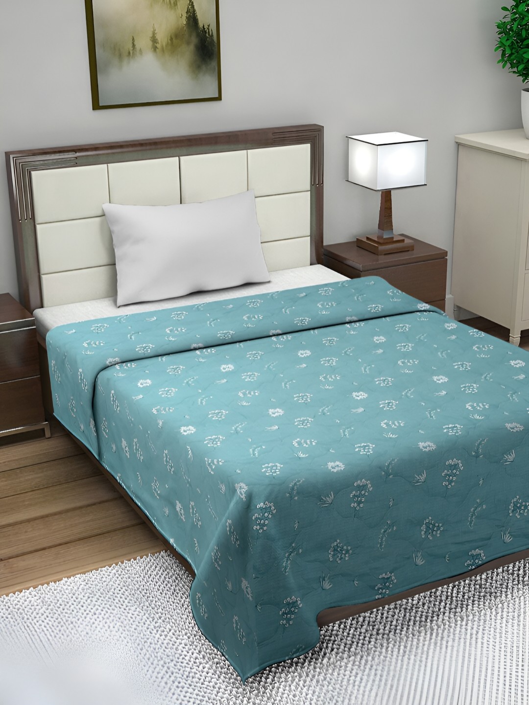 

FABINALIV Floral Reversible Mild Winter 350GSM Microfiber Filling Single Bed Comforter, Turquoise blue