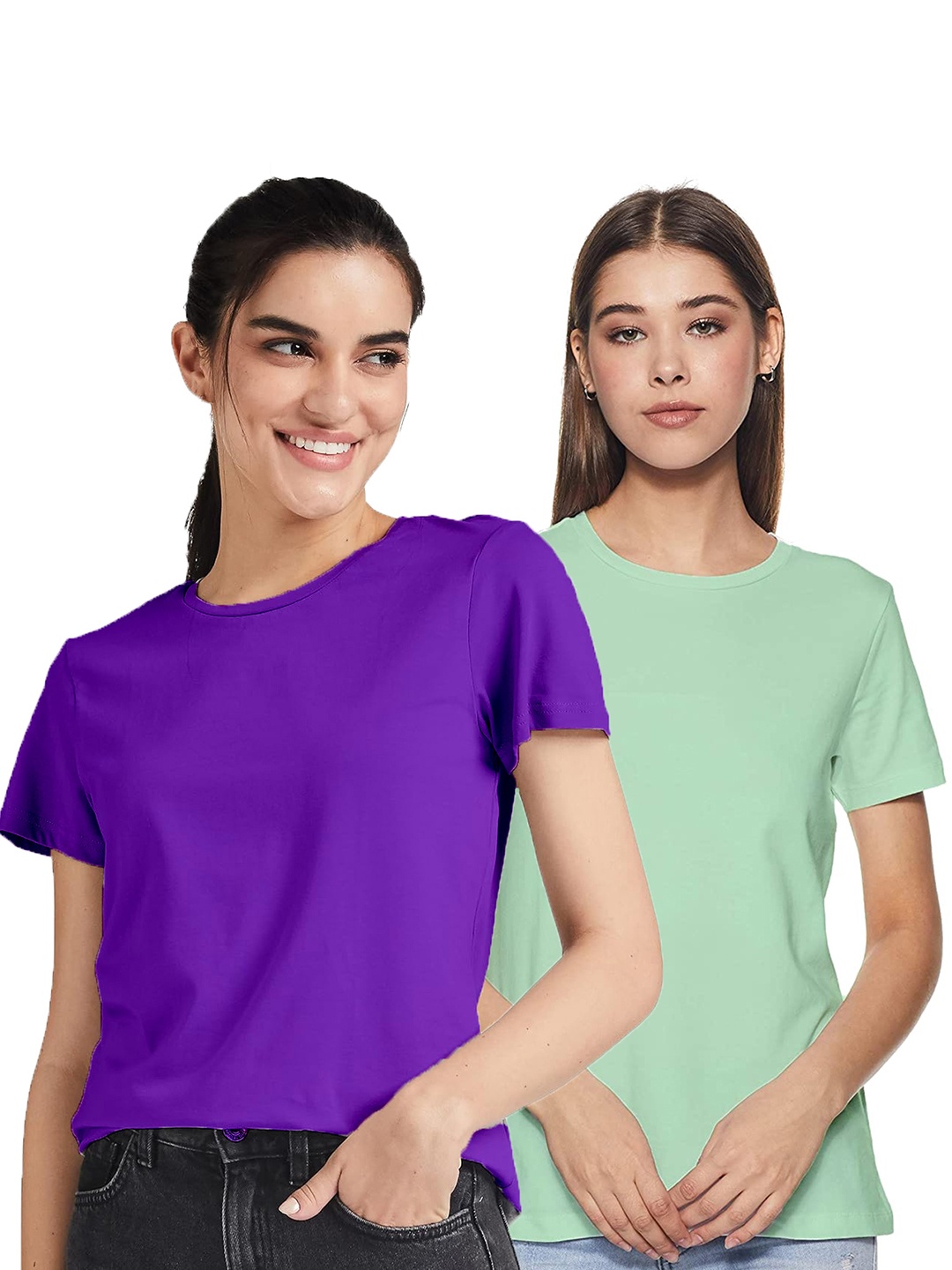COLOR CAPITAL Pack Of 2 Round Neck Cotton Tshirts, Purple