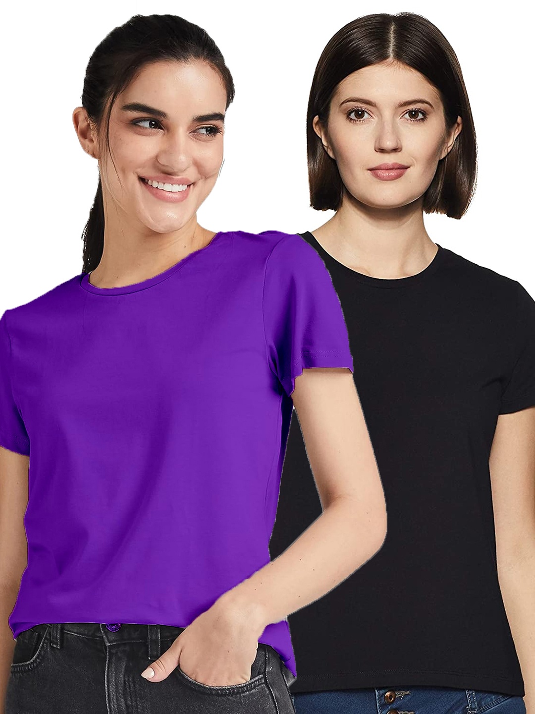 COLOR CAPITAL Pack Of 2 Round Neck Cotton Tshirts, Purple