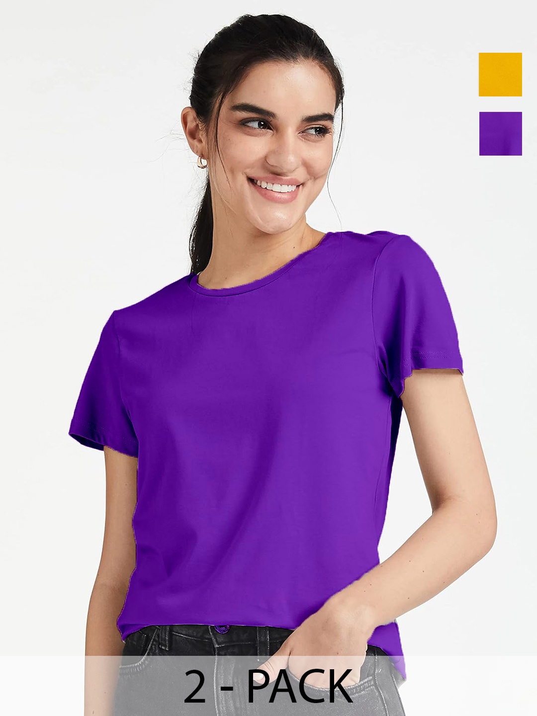 

COLOR CAPITAL Pack Of 2 Round Neck Cotton Tshirts, Purple