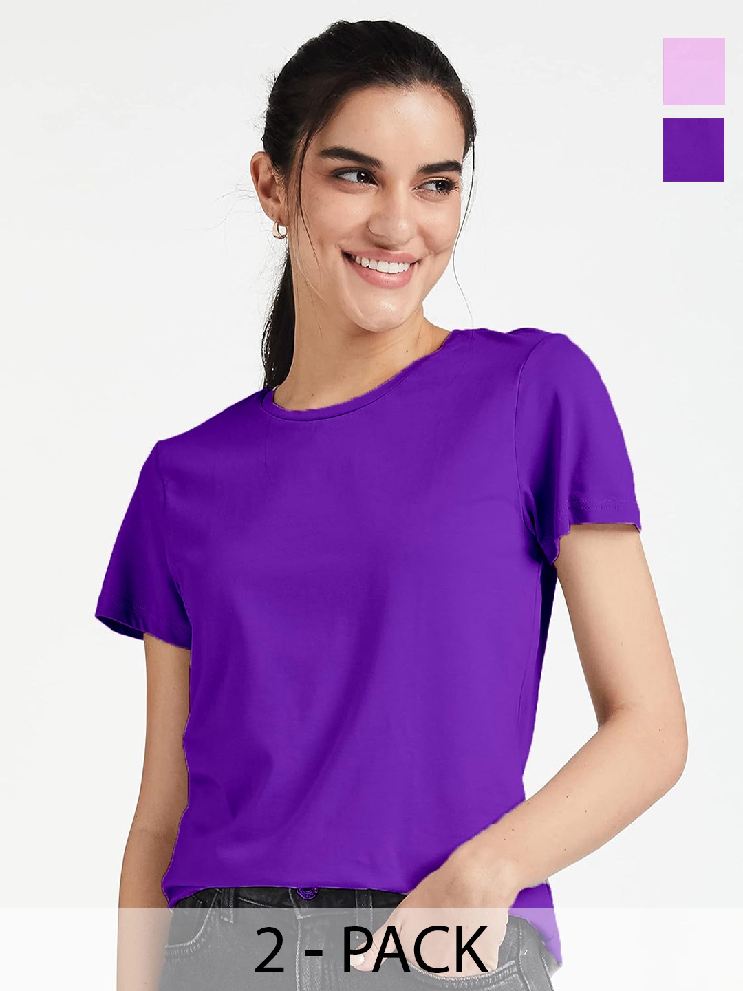 COLOR CAPITAL Pack Of 2 Round Neck Cotton T-shirts, Purple
