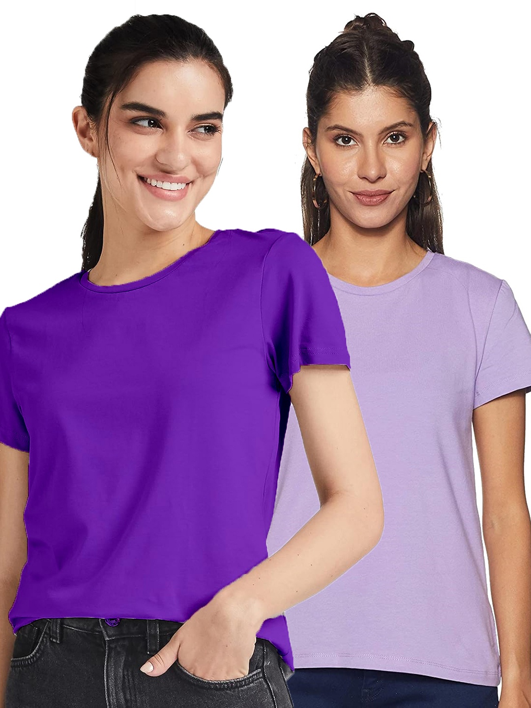 COLOR CAPITAL Pack Of 2 Round Neck Cotton T-shirts, Purple