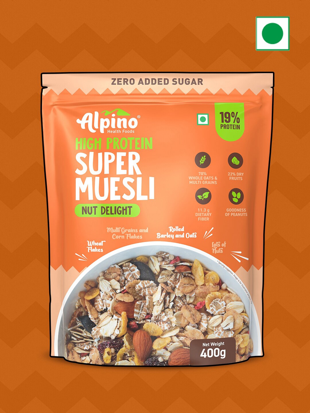 Alpino High Protein Super Muesli Nut Delight 400 Gms, Orange