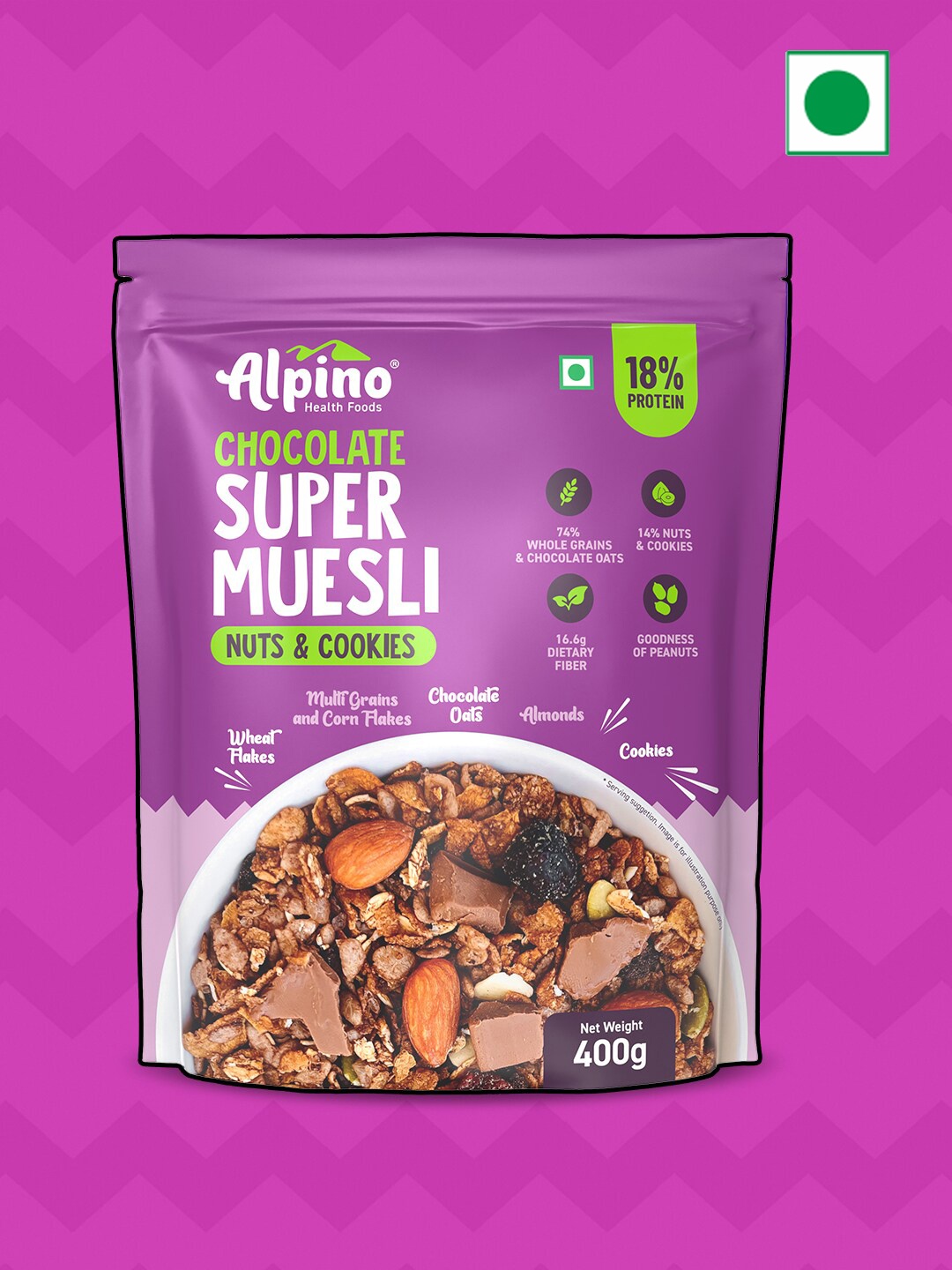 

Alpino Chocolate Super Muesli Nuts & Cookies 400 Gms, Purple